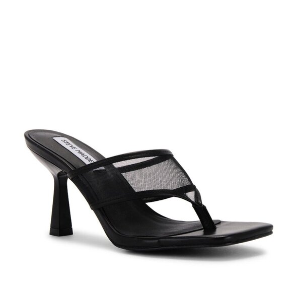 Steve Madden Rabin-M Heel in Black Leather Thong Heeled Flip Flop Sandal Heels - Picture 1 of 14